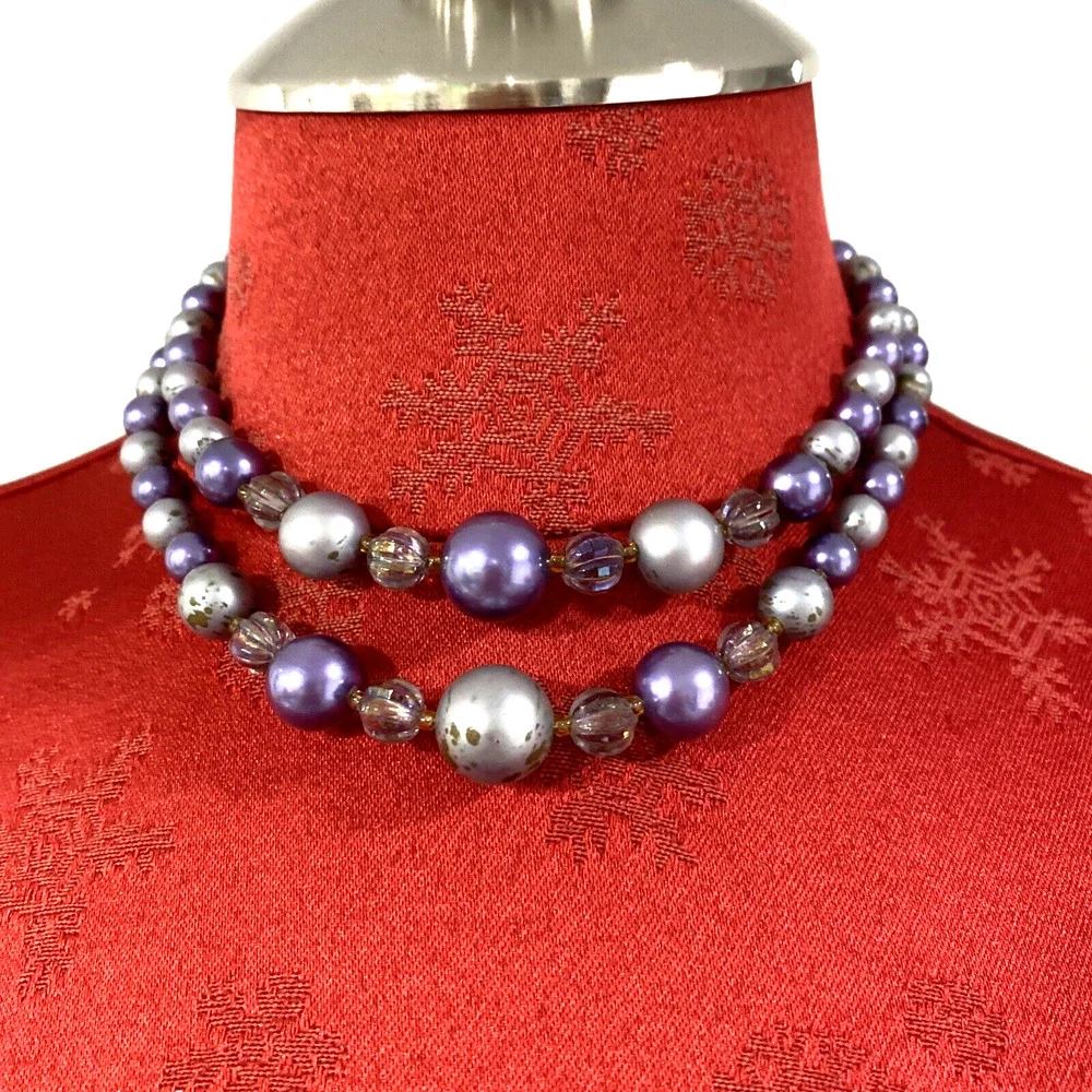 Vintage Mid Century Two Strand Choker Necklace Purple Gray Beaded Signed Japan